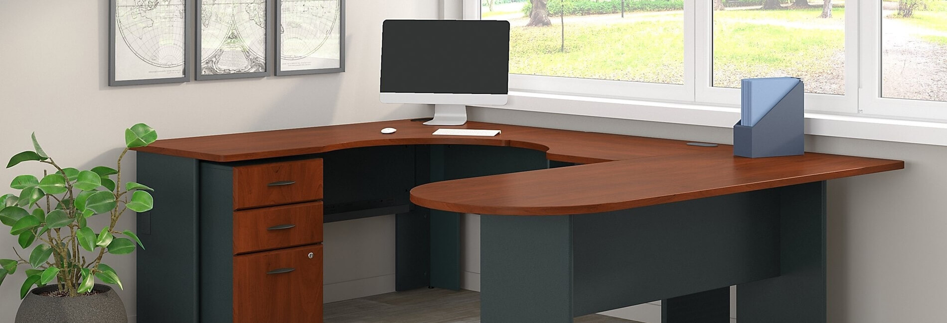 AT Two U-Shaped Desk with Overhead Storage + Credenza +
